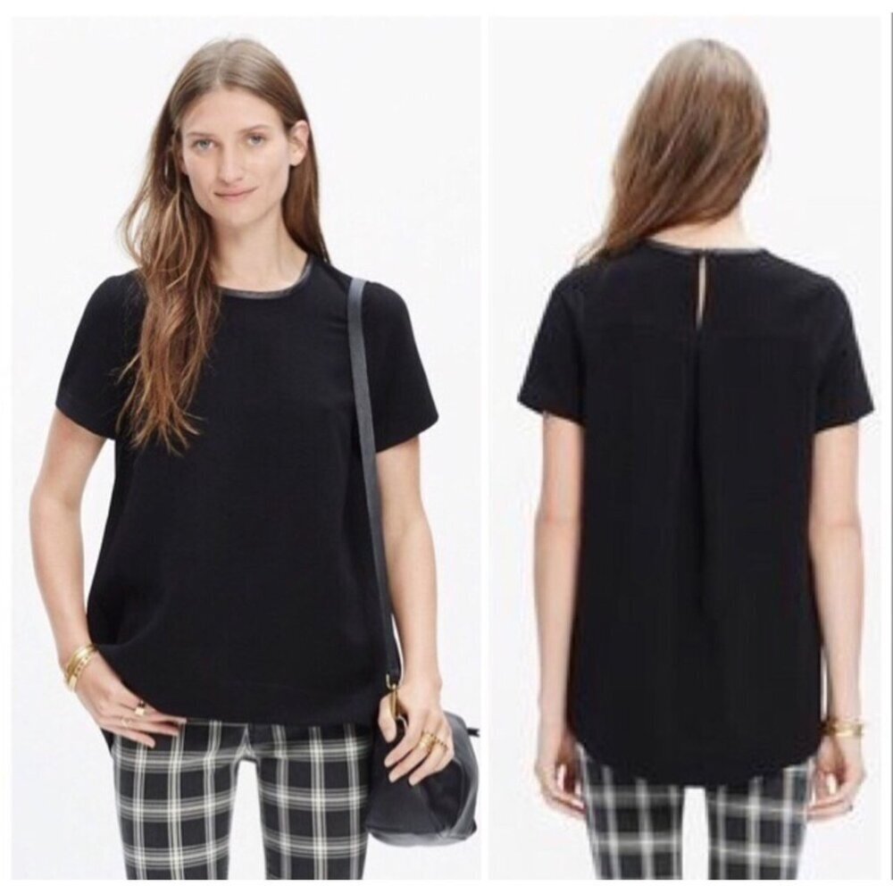 Madewell Leather Trim Tailored Tee Top Blouse Black Short Sleeve Loose Fit XS